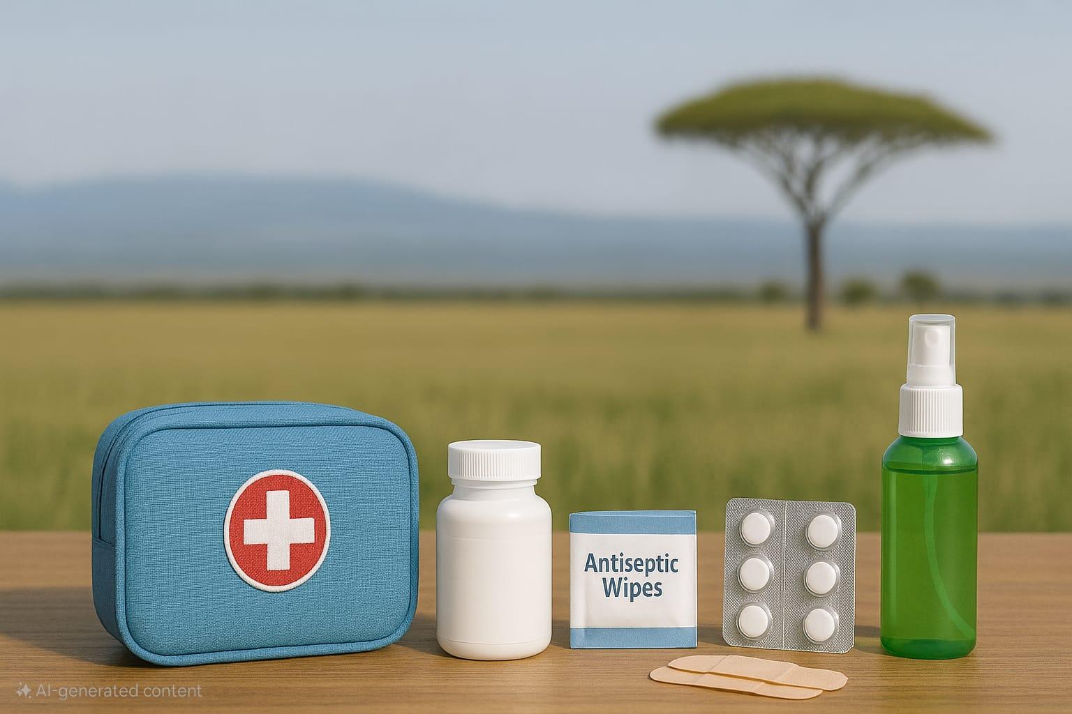 First aid kit with safari background