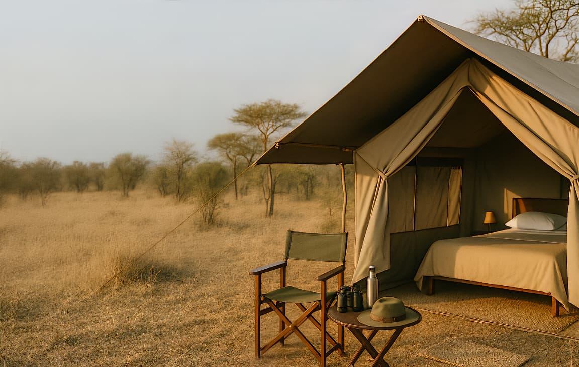 Safari tent in the wilderness at sunset